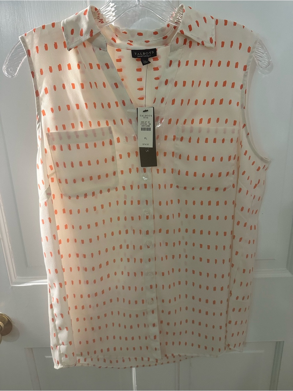 Talbots Cream Sleeveless Button-Front Blouse with Orange Dot Print
